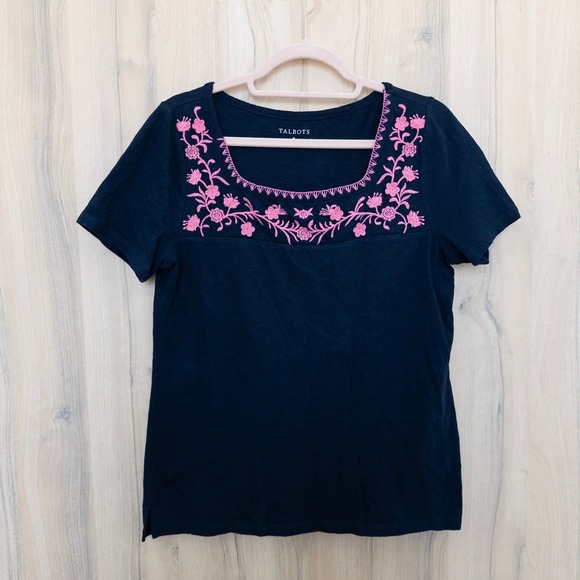 Talbots Womens Embroidered Square Neck Short Sleeve Top Size M Navy Boho Cottage - Picture 2 of 5